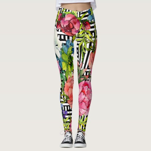 Aquarel Bloemen Geometrisch Zwart Wit Patroon Leggings (Voorkant)