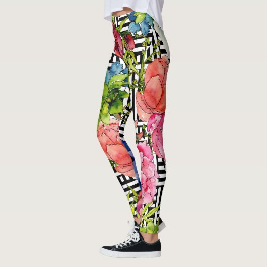 Aquarel Bloemen Geometrisch Zwart Wit Patroon Leggings (Links)
