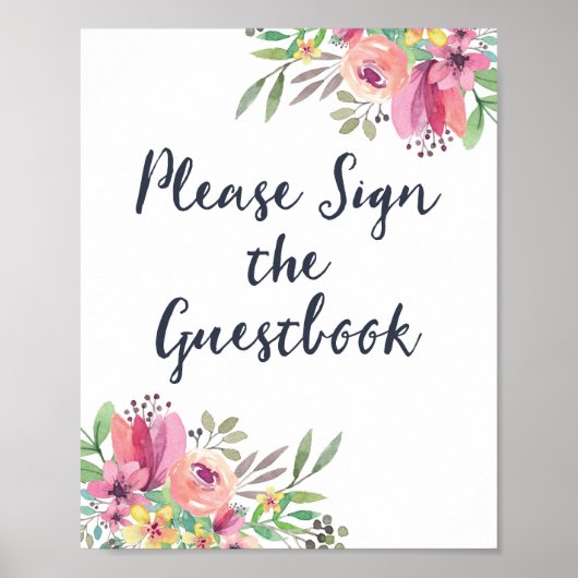 Aquarel Bloemen Guestbook Bord Poster (Voorkant)