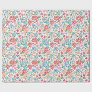 Aquarel Bloemen in Roze en Blauw Cadeaupapier