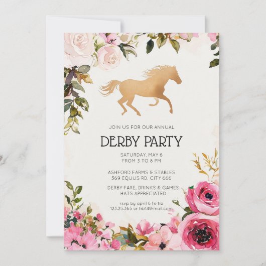 Aquarel Bloemen Kentucky Derby Uitnodiging Goud H (Voorkant)