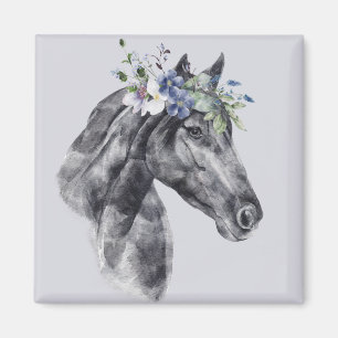 Aquarel Bloemen Kroon Zwart Paard Portret Magneet