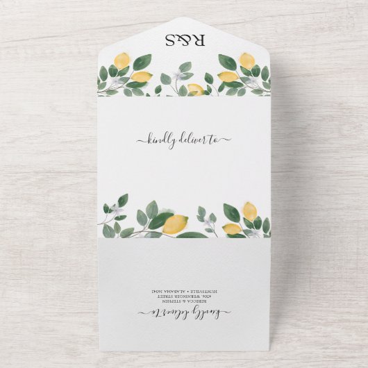 Aquarel Bloemen Lemon & Groene Tinten Bruiloft All In One Uitnodiging (Buitenkant)