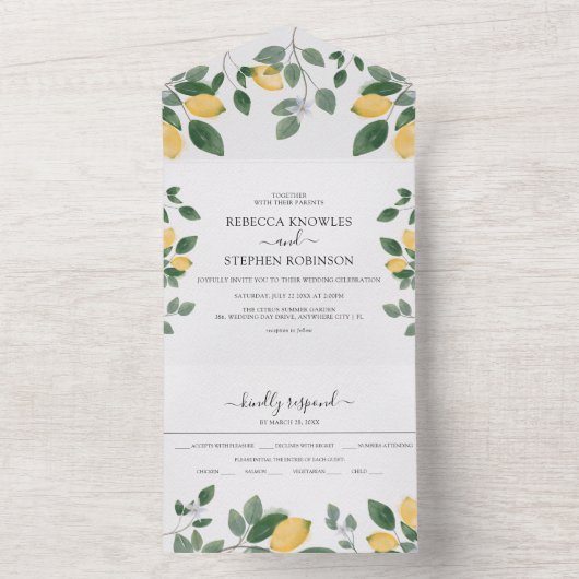 Aquarel Bloemen Lemon & Groene Tinten Bruiloft All In One Uitnodiging (Binnen)