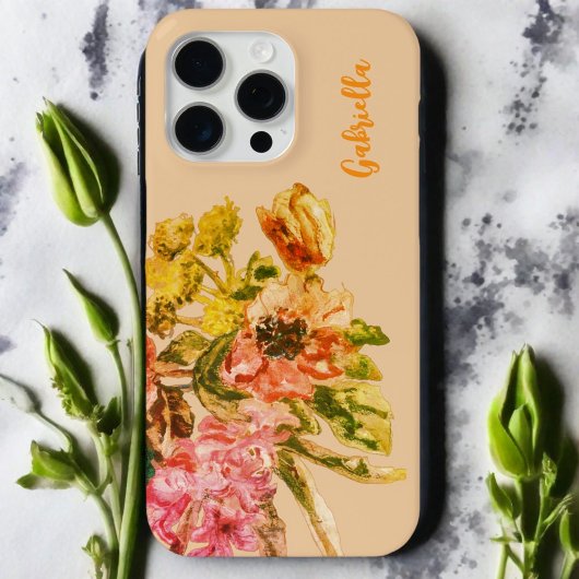 Aquarel bloemig monogram boho roze perzik iPhone hoesje
