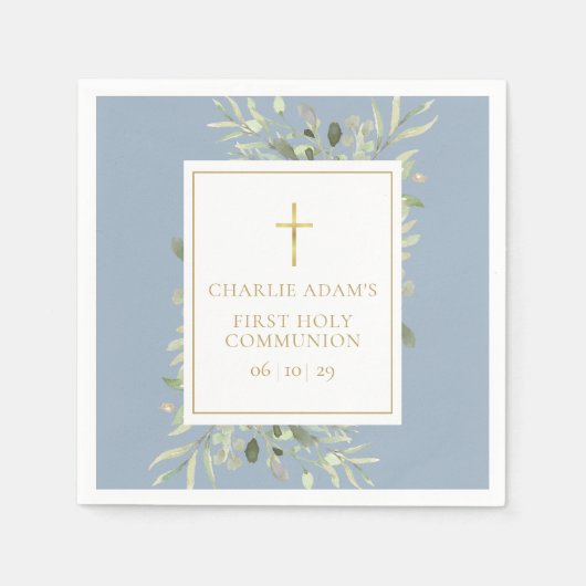 Aquarel Bloemig Vaalblauw Doopfeest Servet (Voorkant)