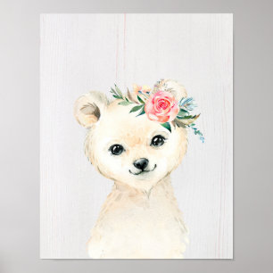 Aquarel Bloemige Baby Ijsbeer Besneeuwde Dieren Poster