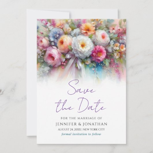 Aquarel Bloemige Handgeschreven Script Save The Da Date (Voorkant)