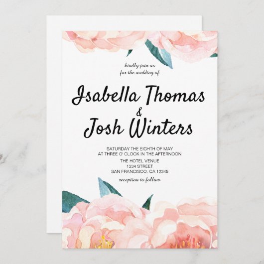 Aquarel Bloemige Perzik Pioen Huwelijksuitnodiging Kaart (Voorkant / Achterkant)
