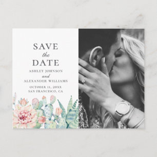 Aquarel bloemige succulent. Cactus Save the Date Briefkaart
