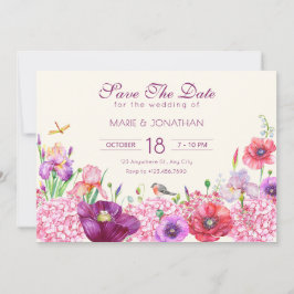 Aquarel bloemige tak vogel natuur bruiloft save the date