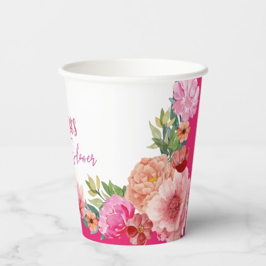 Aquarel bloemrijke heldere roze bruids-shower tafe papieren bekers (Achterkant)