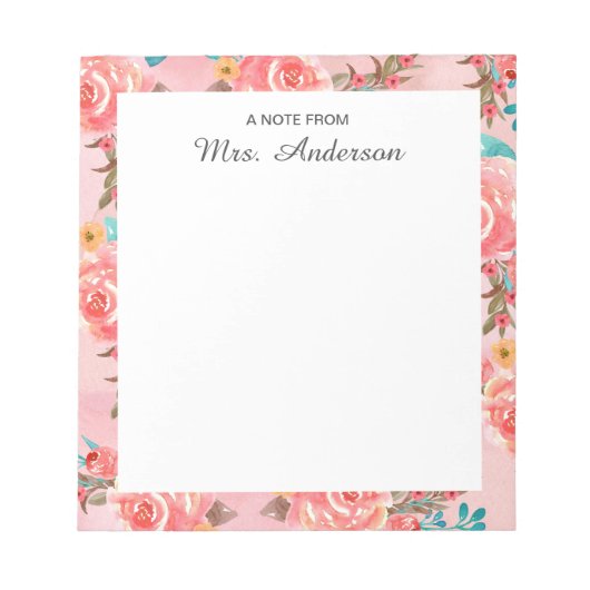 Aquarel Bloemstuk Onderwijzers Waardering Script N Notitieblok (Voorkant)