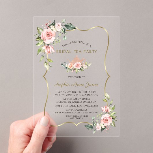 Aquarel Blush Bloemen Goud Bruids Tea Party Acryl Uitnodigingen (Insitu (Draagbaar))