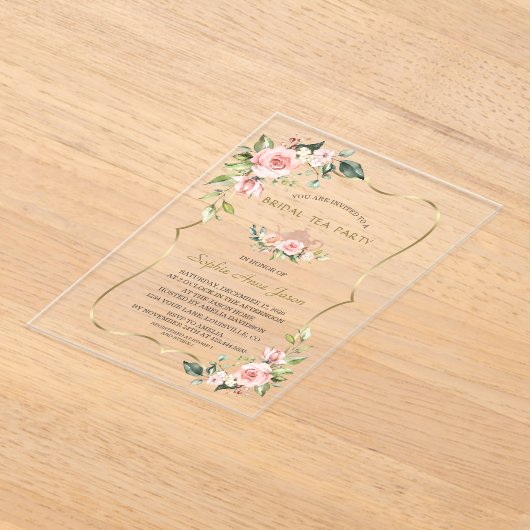 Aquarel Blush Bloemen Goud Bruids Tea Party Acryl Uitnodigingen (Laagn)