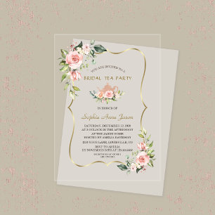 Aquarel Blush Bloemen Goud Bruids Tea Party Acryl Uitnodigingen