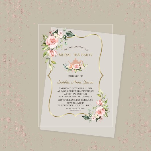 Aquarel Blush Bloemen Goud Bruids Tea Party Acryl Uitnodigingen