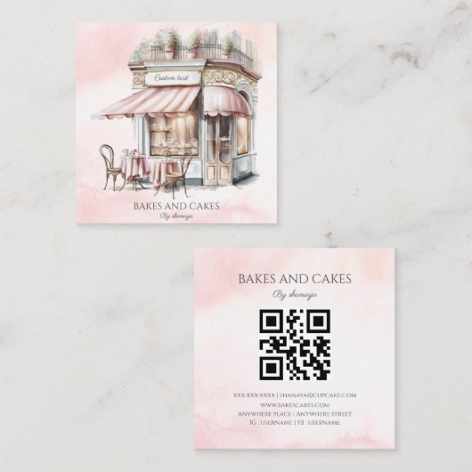 Aquarel, blush roze, Bakkerij QR code Vierkante Visitekaartje (Voorkant / Achterkant)