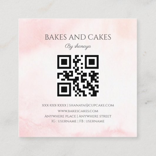 Aquarel, blush roze, Bakkerij QR code Vierkante Visitekaartje (Achterkant)