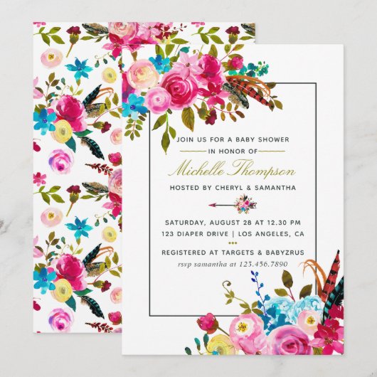Aquarel Boho Chic Bloemige Baby Shower uitnodiging (Voorkant / Achterkant)