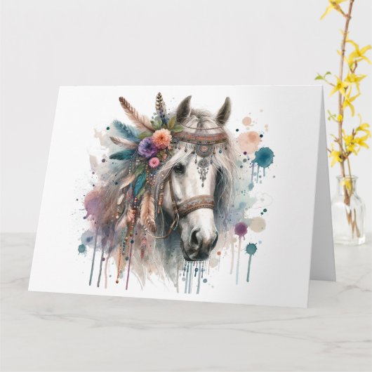 Aquarel Boho Horse Note Kaart (Gele Bloem)