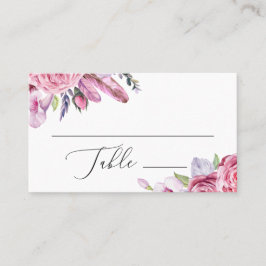Aquarel boho roze bloemen en veren bruiloft plaatskaartje