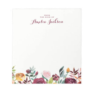 Aquarel bordeaux bloemige gepersonaliseerde briefp notitieblok