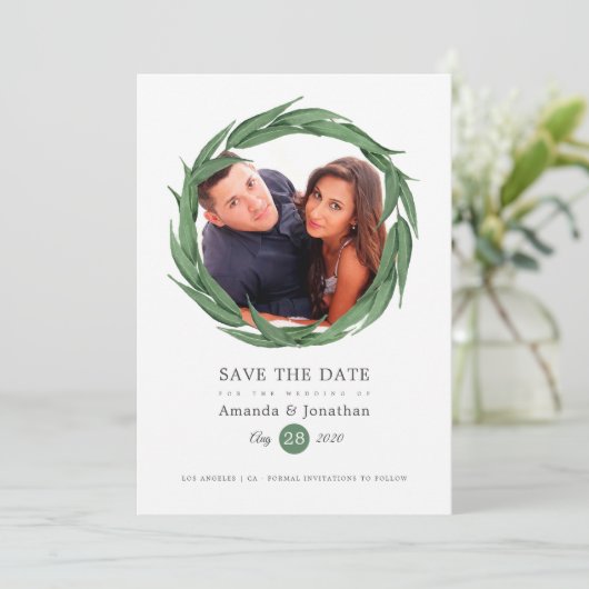 Aquarel bos bruiloft groen save the date (Staand voorkant)