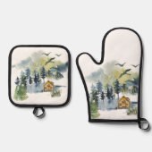 Aquarel bos scène ovenwant & pannenlap set (Voorkant)