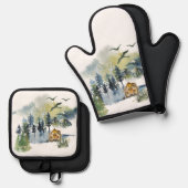 Aquarel bos scène ovenwant & pannenlap set (Voorkant / Achterkant)