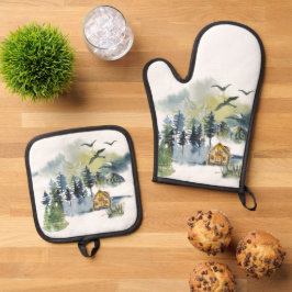 Aquarel bos scène ovenwant & pannenlap set