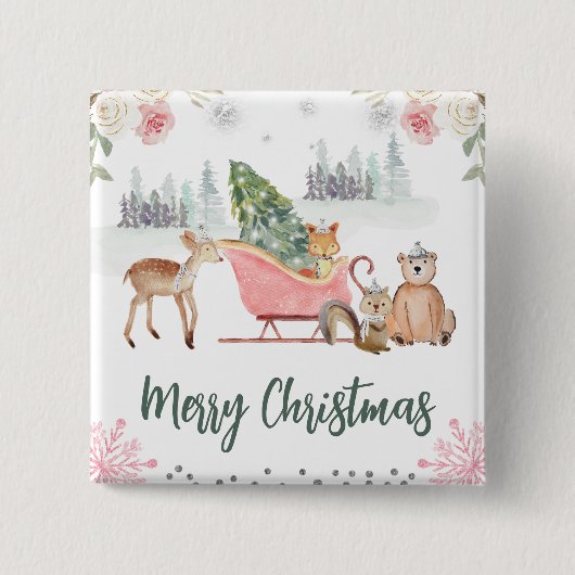 Aquarel Bosdieren Bloem Kerstmis Vierkante Button 5,1 Cm (Voorkant)