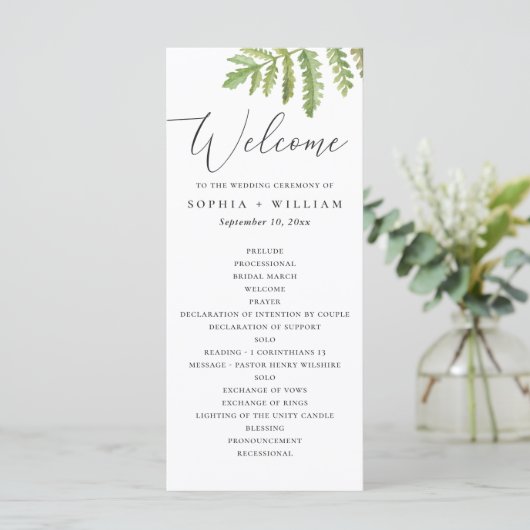 Aquarel bosgroen schrift bruiloft programmakaart (Staand voorkant)