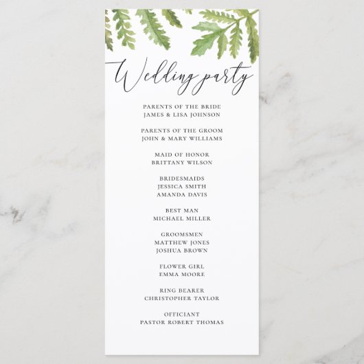 Aquarel bosgroen scriptuur bruiloft programmakaart (Achterkant)