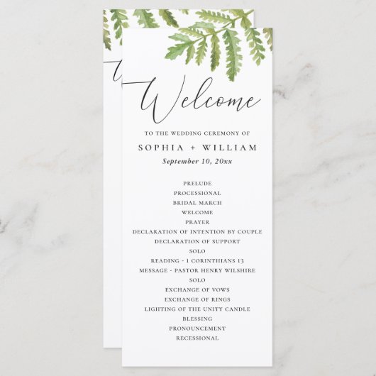 Aquarel bosgroen scriptuur bruiloft programmakaart (Voorkant / Achterkant)