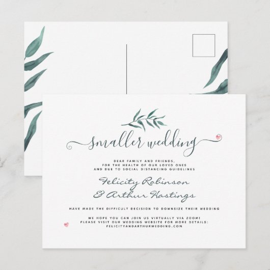 Aquarel Botanisch Klein Huwelijk Script Update Uitnodiging Briefkaart (Voorkant / Achterkant)