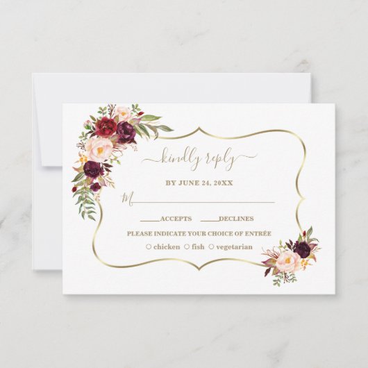 Aquarel Bourgogne Rood Roze Bloemen Goud Bruiloft RSVP Kaartje (Voorkant)