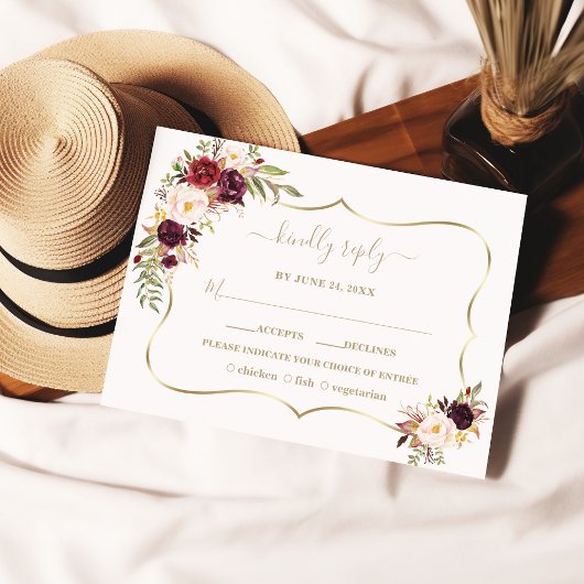 Aquarel Bourgogne Rood Roze Bloemen Goud Bruiloft RSVP Kaartje