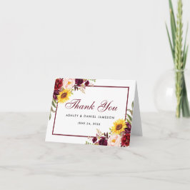Aquarel Burgundy Gemengde Bloemen Bruiloft Notitie Bedankkaart
