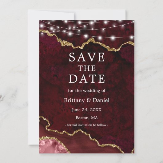 Aquarel Burgundy Marmor Geode Lichten Foto Save The Date (Voorkant)
