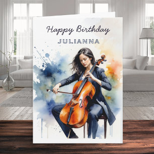 Aquarel Cellist Muzikant Gelukkig Verjaardag Kaart