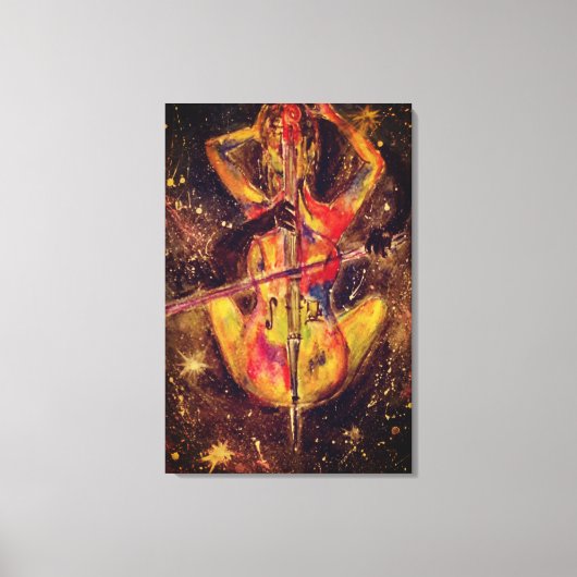 Aquarel - Cello Space Sonata - Dame met Cello Canvas Afdruk (Voorkant)