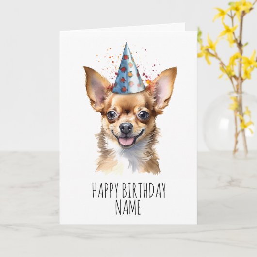 Aquarel Chihuahua Verjaardag Kaart (Gele Bloem)