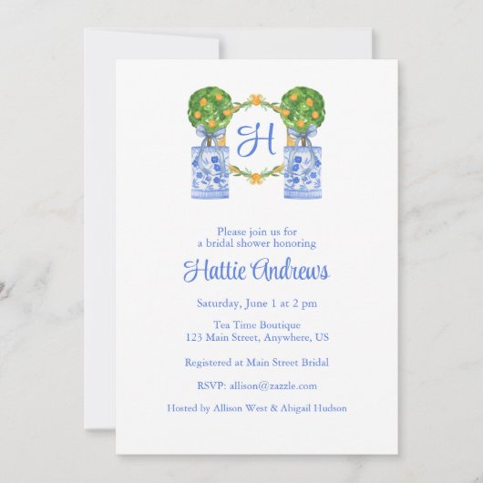 Aquarel Chinoiserie Citrus Topiary Monogram Kaart (Voorkant)