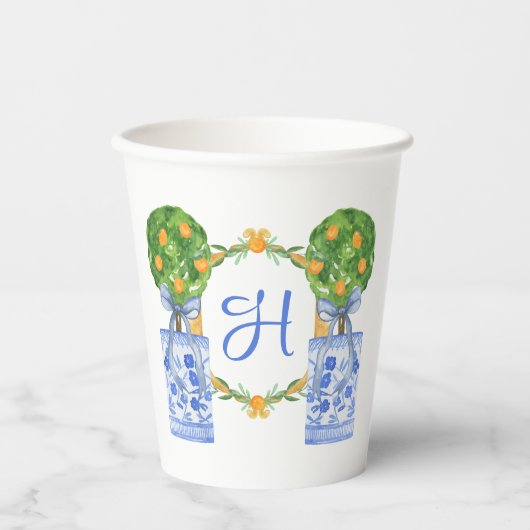 Aquarel Chinoiserie Citrus Topiary Monogram Papieren Bekers (Voorkant)