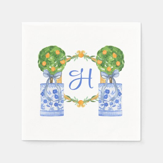 Aquarel Chinoiserie Citrus Topiary Monogram Servet (Voorkant)
