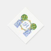 Aquarel Chinoiserie Citrus Topiary Monogram Servet (Hoek)