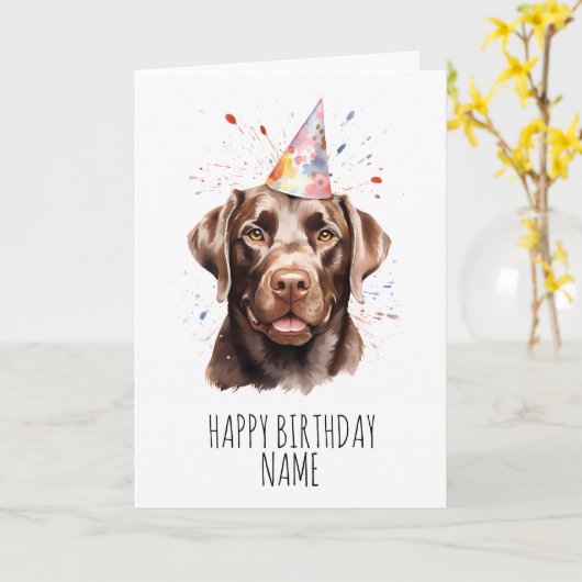 Aquarel Chocolade Labrador Verjaardag Kaart (Gele Bloem)