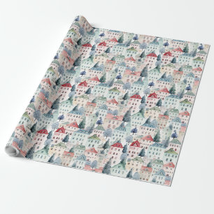 Aquarel Christmas Homes naadloos patroon. Cadeaupapier