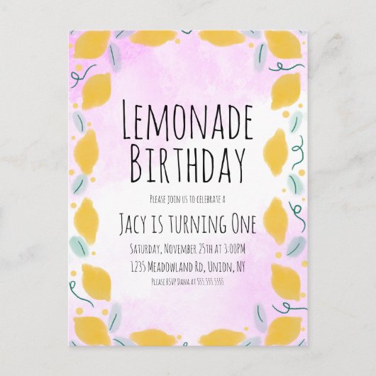 Aquarel Citroen Verjaardag Roze Geel Rand Kunst I Briefkaart (Voorkant)
